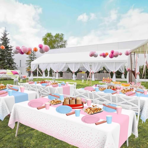 Image of WNINK 4 Pack Pink and Blue Tablecloths, Gender Reveal Disposable Plastic Waterproof Table Cover for Boy or Girl Gender Reveal Party, Baby Shower, Birthday Party Decorations 54 inch x 108 inch