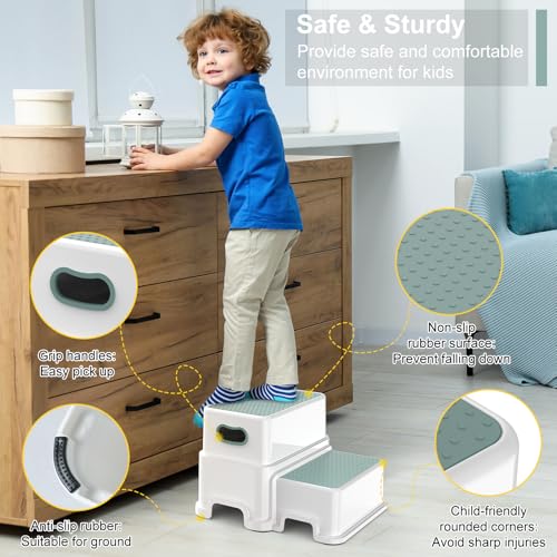 Image of Victostar 2 Step Stool for Kids, Anti-Slip Sturdy Toddler Two Step Stool for Toilet Potty Training, Bathroom,Kitcheng (Green-White)