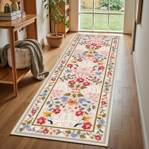 Azadx Runner Rug for Hallways 2'x 6' Washable Runner Rugs with Rubber Backing Non-Slip Carpet Runners Rug Flower Pattern Printing Soft Faux Wool Ruggable Rugs for Kitchen, Laundry, Bedroom, Bathroom