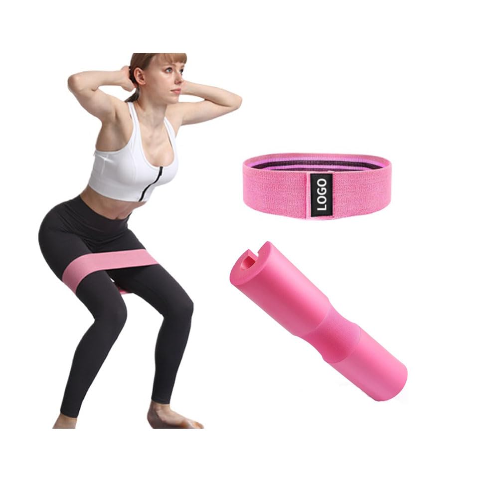 Tyasdery Barbell Pad Set, Squat Hip Thrust Barbell Neck Pad Exercise Foam Weightlifting Pad， Hip Resistance Loop Band Suitable for Standard Olympic Barbell Straps (Pink)
