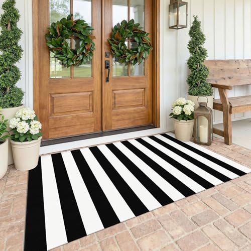KOZYFLY Black and White Striped Area Rug 4x6 Ft Outdoor Rug Washable Indoor Outdoor Rug Hand Woven Cotton Door Mat Outdoor Entrance Mat for Front Door Kitchen Entryway Patio Front Porch Decor