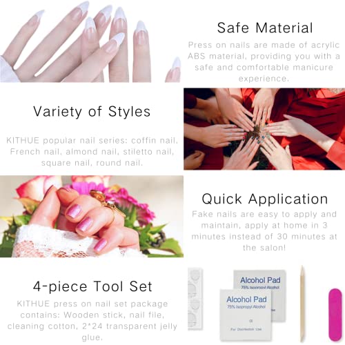 Kithue False Nails Striped White And Blue Long French Tip Press On Nails Ballerina Fake Nails For Women And Girls #TOP3