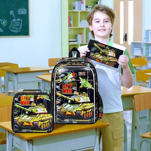 Image of HPJGD 3PCS Tank Backpack for Kids, Water Resistant Boys Bookbag Set with Lunch Box, Cool School Bag for Elementary Preschool Toddler - Green Tank