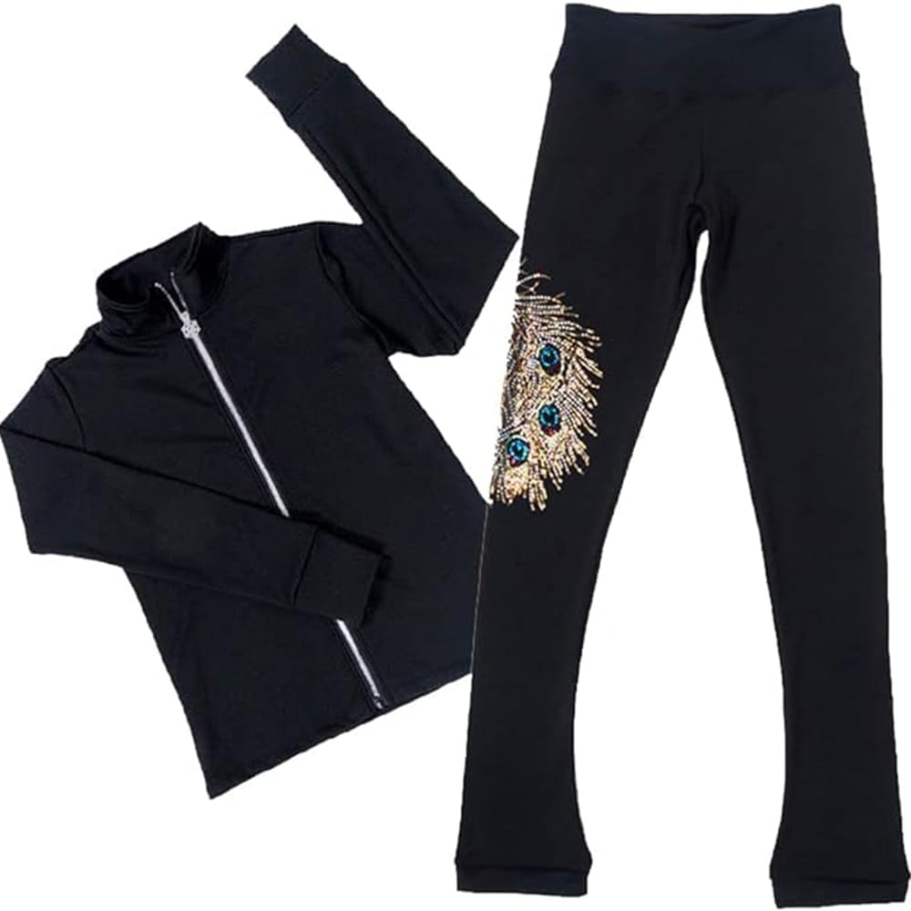 LIUHUO Ice Skating Training Pants Jackets Sets Girls Clothes Black Three-Dimensional Embroidery Phoenix Pattern