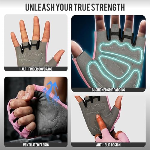 Image of RUBX Gym Gloves for Men & Women - Half Finger Workout Gloves for Weightlifting, Training, Fitness,Biking,Hand Protection & Grip Strength - Gym Accessories (Pink & Grey Size-M)