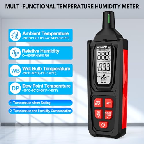 Image of Temperature Humidity Meter, High Precision Digital Hygrometer Thermometer with Dew Point /Wet Bulb, Indoor Outdoor Monitor, 99 Data Storage, Temp Alarm, Backlight, MAX /MIN, Auto Shutdown