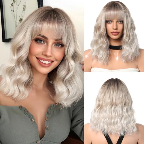 OUFEI Long Ombre Blonde Wig With Bangs Natural Wavy Wigs for Women Natural Synthetic Hair Heat Resistant Wigs for Daily Party Cosplay Wear