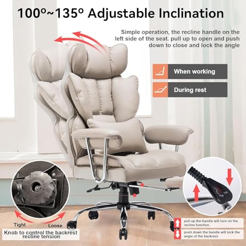 Image of Efomao Desk Office Chair Big High Back Chair PU Leather Computer Chair Managerial Executive Swivel Chair with Lumbar Support (Grey)