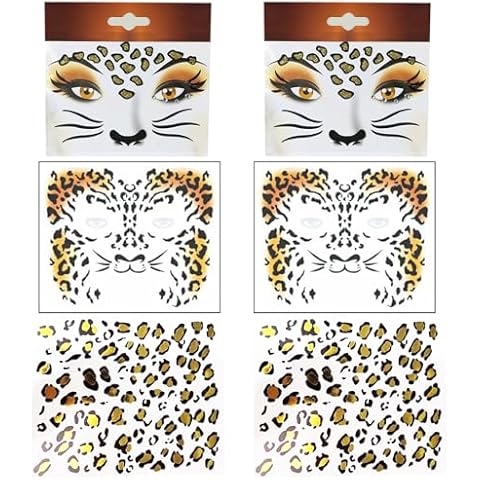 CBLUO 6 Pcs Halloween Temporary Stickers Leopard Cat Face Gems Jewels Women Rhinestone Masquerade Face Tattoos Crystal Makeup Sticker Glitter Holiday Festival Dress Up Cosplay Birthday Party Supplies Cover