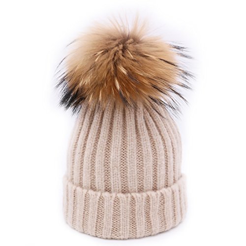 BeFur Frauen Mädchen Winter Bommelmütze Stricken Mütze Beanie Hut Pelz Ball Pom Wackelmütze - Beige Cover