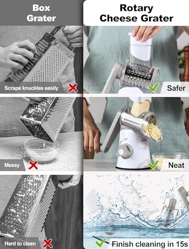 Image of Cheese Grater Rotary, Rotary Grater for Kitchen, Kitchen Grater Vegetable Slicer with 3 Drum Blades, Fast Cutting Cheese Shredder for Vegetables and Nuts