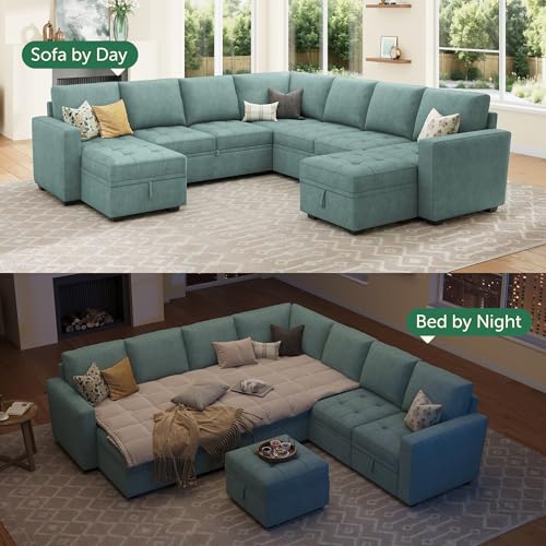 Image of HONBAY Modular Sectional Sleeper Sofa with Pull Out Couch Bed, U Shaped Couch with Storage, Sectional Couches for Living Room, Blue