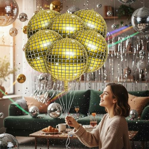 Image of 6Pcs 22Inch Golden Disco Ball Balloons - 4D Large Foil Balloons with Metallic Star for 70s Disco Dance Birthday Party