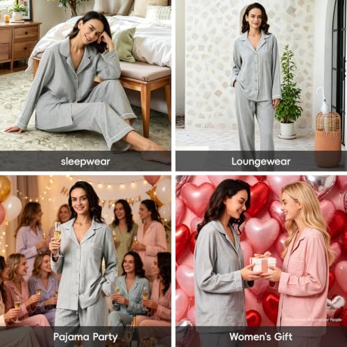 Image of BESTOUCH Womens Pajama Sets: 100% Cotton Muslin Linen Feel | Button Soft Comfy Breathable Classic Sleep Pjs 2 Piece