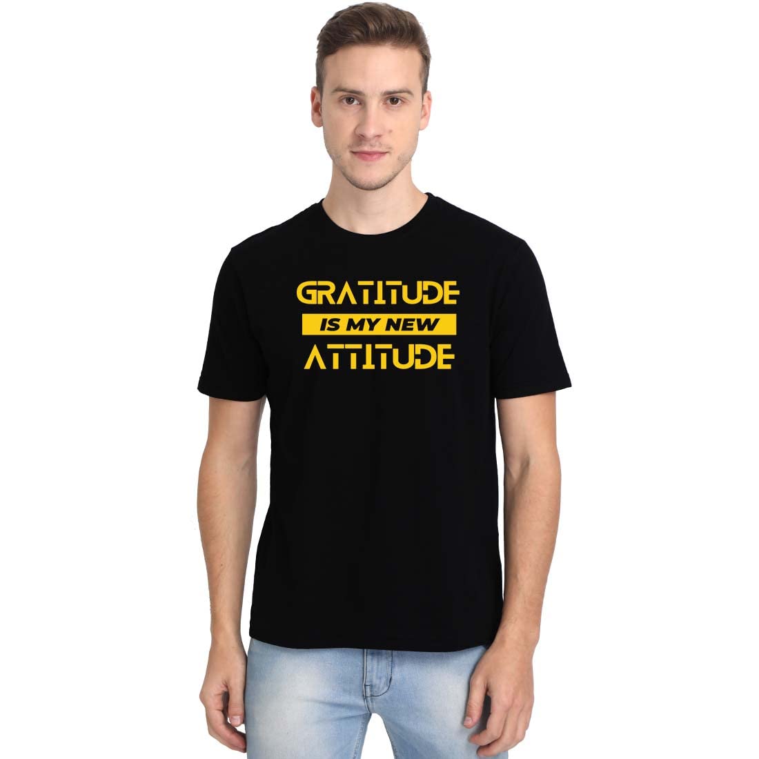 Crazy PunchGratitude is My New Attitude Men Half Sleeve Black Attitude Quotes T-Shirt (Black)