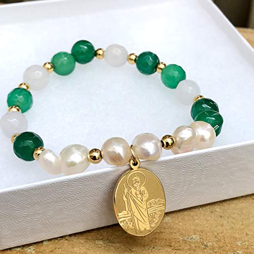 Catholic Town St. Jude Thaddeus Bracelet with Stainless Steel Medal and Pearl beads (SSBSJT-DGWG)2