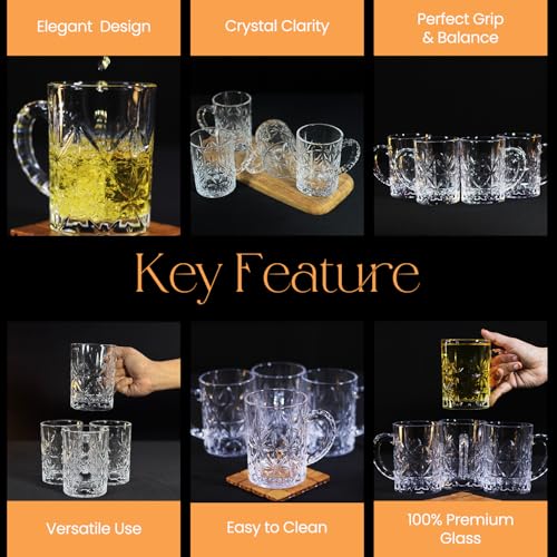 Image of Melbify Beer Mug | 400 ml | Set of 4 | Elegant Cut & Textured Handle Design | Mug with Handle | Classic Beer Glasses | Premium | Heavy | Perfect for Beer, Cider,Cocktails,Mocktails | Gift Set