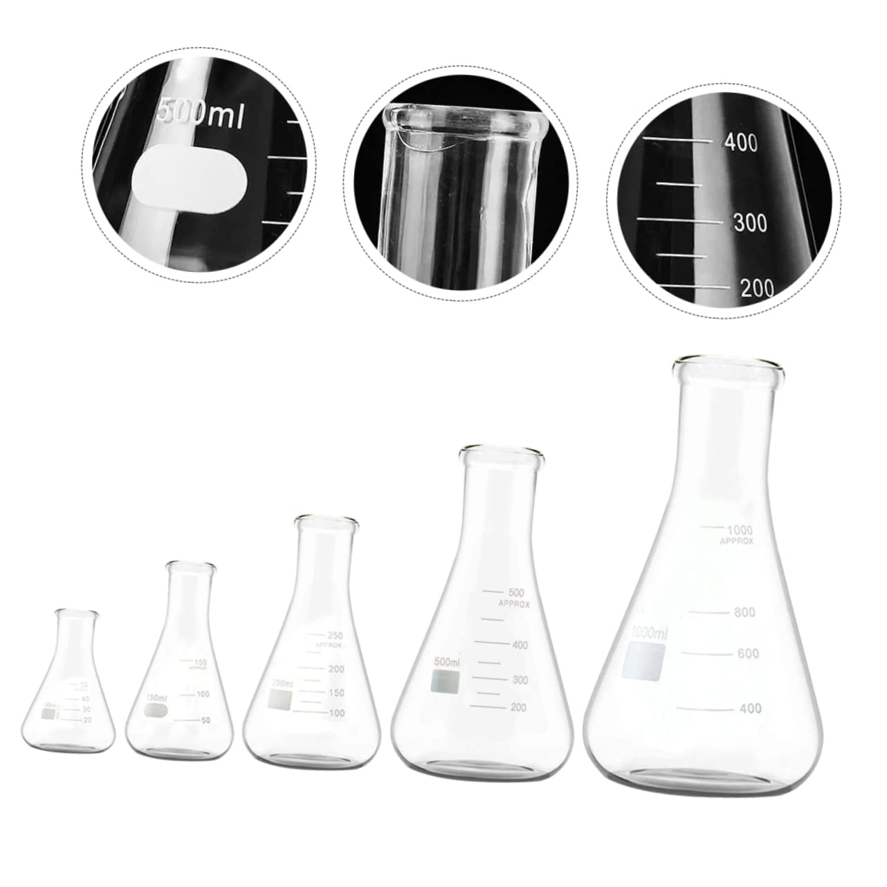 PartyKindom 5piezas Erlenmeyer De Vidrio Borosilicato Con Cuello Frascos Conical Triangular Para Laboratorio