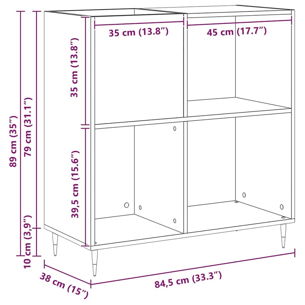 Armario para discos de vinilo con aspecto de roble negro, 85 x 38 x 89 cm, con 4 estantes para salón, cine en casa, vinilo, CD, DVD y estante HiFi