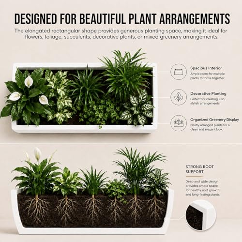 Image of Go Hooked Rectangular Leios Planter Pot 24x11 Inch | Marble Ribbed Design Plastic Flower Pot for Indoor Outdoor Garden Balcony Terrace Living Room | Decorative Long Plant Container with Drainage Hole