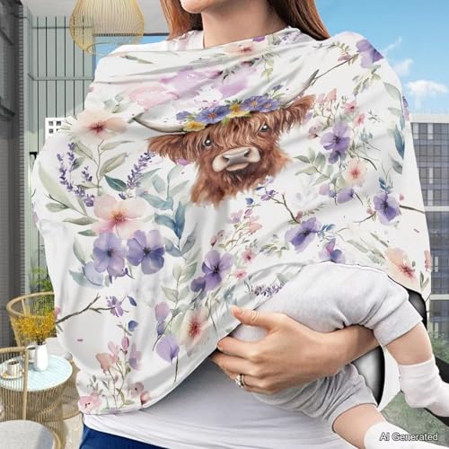 Image of Wanyint Highland Cow Floral Violet Car Seat Covers Baby Car Canopy Shopping Cart Cover Scarf Lightweight Stroller Cover Women Mother Nursing Breastfeeding Covers