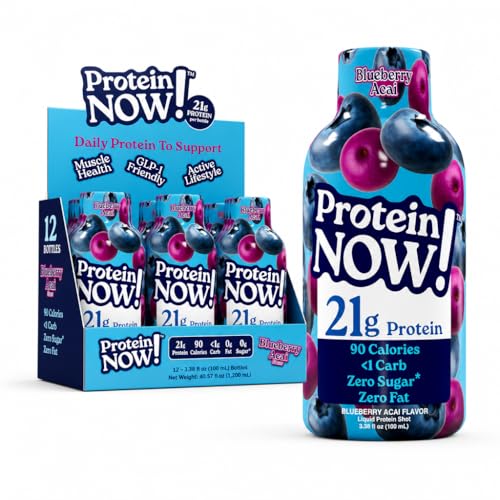 Protein Now Liquid 3 oz. Protein Shot By NutraBio 21g Protein 0 Carbs 0 Fat GLP-1 Support Ready-to-Drink No Refrigeration Whey & Collagen Protein for Hair Skin & Nails On-the-Go Nutrition- Blueberry Acai