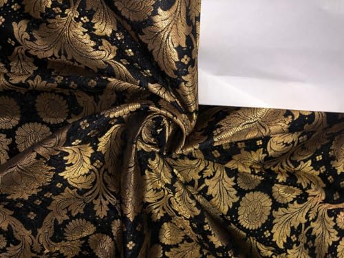 Tissu brocart de soie jacquard noir et or antique BRO1006 anti-plis pour tenue de cérémonie