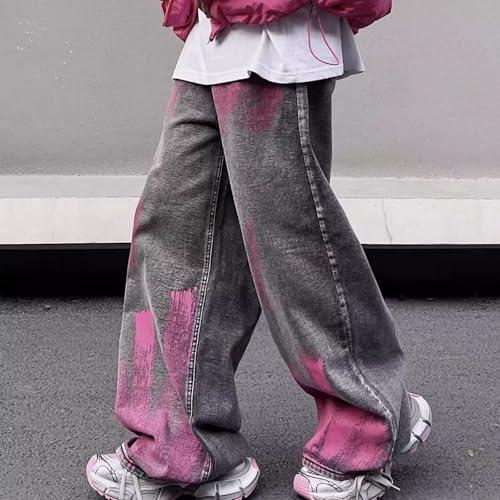 Baggy Jeans Men Two Tone Splatter Paint Y2k Jeans Men Washed Streetwear Tie Dye Parachute Wide Leg Denim Pants4