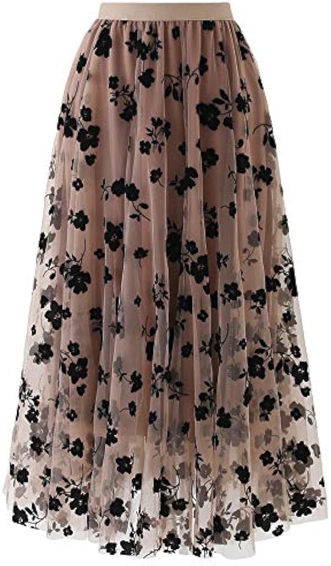 CHICWISH 女款焦糖色/灰藍色/白色/黑色 3D 立體立體雙層網眼中長裙