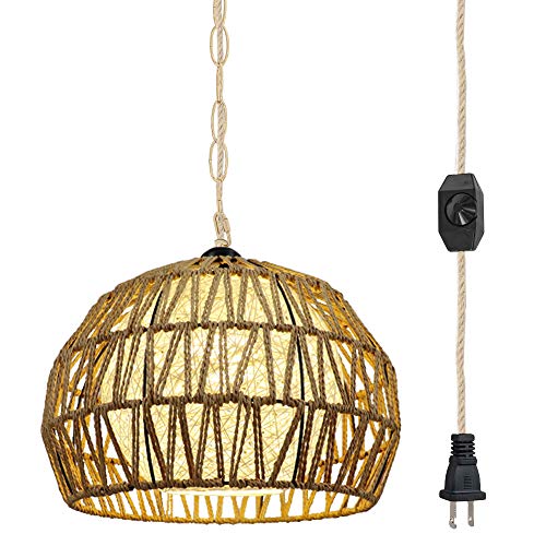 Hanging Swag Ceiling Lamp Twine Natural Rattan Lampshade No Wiring Needed Portable Pendant Light with 15ft Plug-in UL Dimmable Modern Farmhouse Iron Chain Rope Cord Instant on Swag Lamp,Customizable