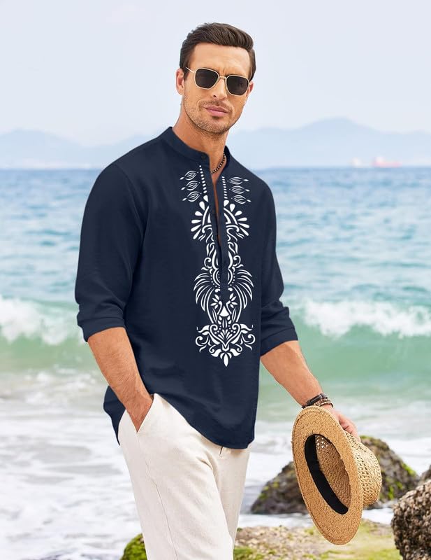 Image of FINIVO FASHION Men's Cotton Blend Short Kurta with Bold Printed Front Design | Full Sleeve Ethnic Casual Kurta with Mandarin Collar | Artistic Festival & Travel Wear for Modern Ethnic Style