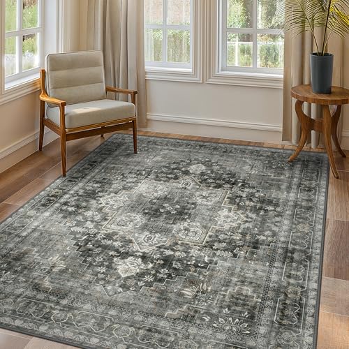 GENIMO 8x10 Area Rugs for Living Room, Machine Washable Non Slip Vintage Rugs, Low Pile Lightweight Chenille Print Rug for Bedroom, Dining Room, Home Office, Charcoal Gray