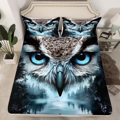 Manfei Cute Owl Kids Fitted Sheet Double Size, Wild Animal Theme Bedding Set for Boys Girls Room Decor, Flying Wildlife Bed Cover with 2 Pillowcases, Soft Polyester Bedding, No Top Sheet