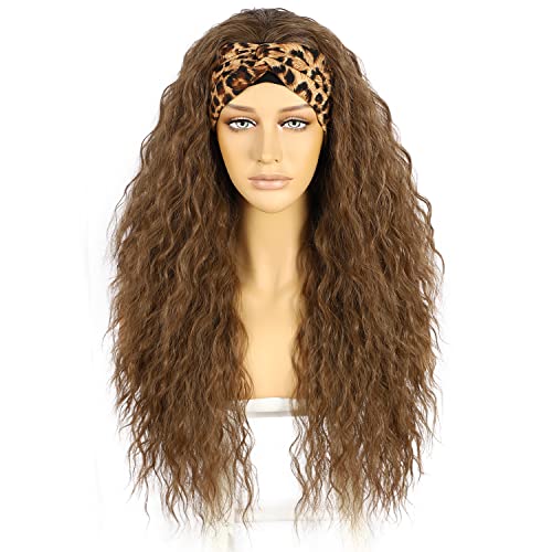 Sapphirewigs Curly Headband Wig Golden Brown Synthetic Hair Loose Water Wave Headband Wigs for Women Glueless 150% Density 26 inch