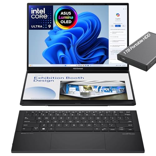 Image of ASUS Zenbook Duo Laptop, Dual 14 inch OLED WUXGA Touchscreen Display, Intel Core Ultra 9 285H, Intel Arc Graphics, 32GB RAM, 2TB SSD, WiFi 7, Thunderbolt 4, Detachable KB, Windows 11, w /1TB Portable HDD