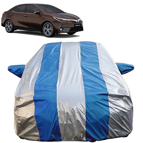 Image of Autofact Waterproof Car Body Cover Compatible with Toyota Corolla Altis (2008 to 2018) with Mirror Pockets (Blue Stripes with Shinning Silver Fabric /Waterproof Cover)