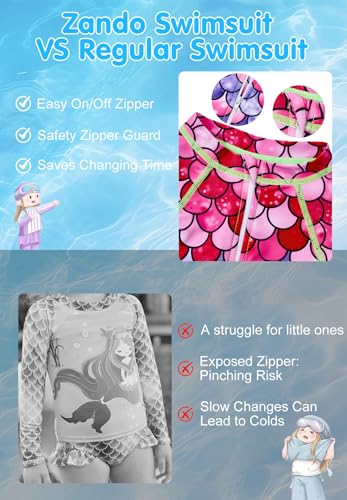 Image of Zando UPF50+ Girls Long Sleeve One Piece Swimsuit with Zipper - Rash Guard for Teens Toddler Kids 2-15 Years