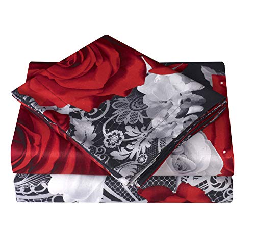 Hig 3D Bed Sheet Set - 4 Piece 3D Red And White Rose Reactive Printed Sheet Set Queen Size (Y31) - Soft, Breathable, Long-Lasting, Fade Resistant - Includes 1 Flat Sheet,1 Fitted Sheet,2 Shams #TOP5