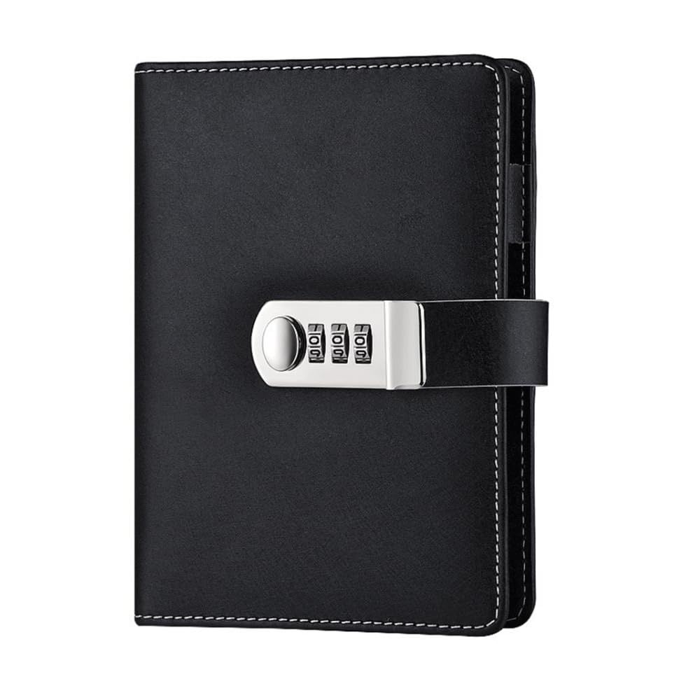 Lock Journal with PU Leather Cover, A6 Lockable Refillable Binder Notebook with Pen Holder and Card Slots, Secret Diary Planner Notepad for School Business Girls [Black]