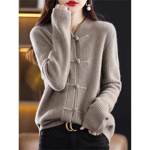 Women's Chinese Style Cardigan Knit Top Stand Collar Vintage Frog Button Long Sleeve Sweater Coat2