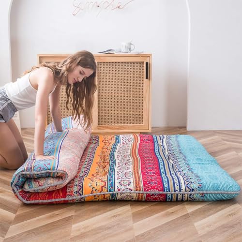 Image of MAXYOYO Bohemian Retro Mattress Vintage Floral Japanese Futon Roll Up Tatami Floor Mat Foldable Mattress Portable Camping Mattress Sleeping Pad Floor Lounger Couch Full Size