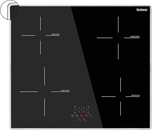 Karinear Placa de inducción con 4 quemadores de 24 pulgadas, cocina de inducción integrada con marco de metal de protección de vidrio, bloqueo para