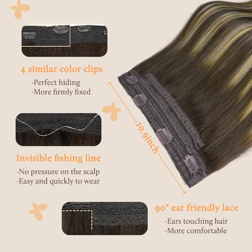 Image of DOORES Wire Hair Extensions 16 Inch 95g Remy Human Wire Hair Extensions Invisible Transparent Line Adjustable Hairpieces Secret Extensions Straight Hair Balayage Chocolate Brown to Caramel Blonde
