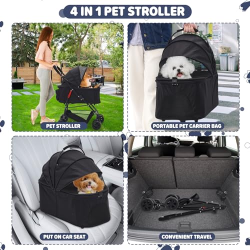 Siairo Hundewagen 3 in 1, Haustiere Buggy für mittelgroße Hunde, Faltbarer Hundebuggy bis 20kg, Haustiere Transportbox, Hundewagen mit abnehmbarem Carrier Autositz und Nahrungsmittelfach (schwarz)