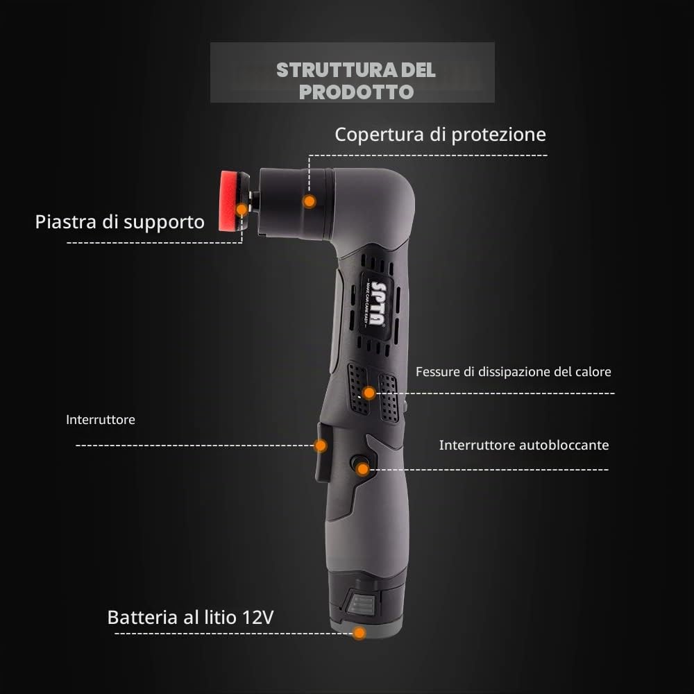 SPTA Mini lucidatrice per auto a batteria, 12 V, antigraffio, killer, lucidatrice a batteria RO/DA con tampone lucidante per lucidare, levigare e pulire
