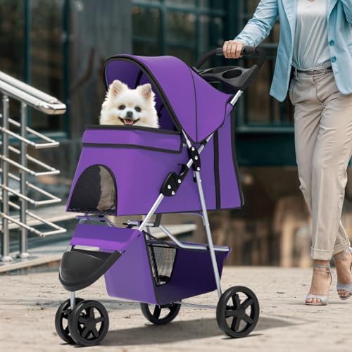 Image of Magshion 3-Wheel Pet Stroller, Foldable Travel Jogger for Small & Medium Dogs & Cats (Up to 33lbs), Lightweight Carrier with Breathable Mesh Cover, Cup Holder & Storage Basket, Purple