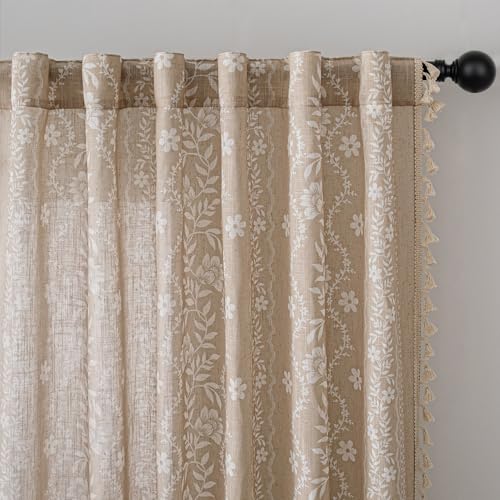 Image of MYSKY HOME Boho Floral Curtains 72 Inch Length Linen Blend 2 Panels