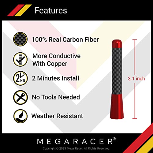 Mega Racer 3 inch 100% Real Carbon Fiber Red Antenna - for Truck, Car, SUV, 6061 Solid Aluminum, Anti-Theft Design, Car Wash Safe, Automotive Antenna Replacement, Universal Fit, Pack of 1 - Thumbnail 2