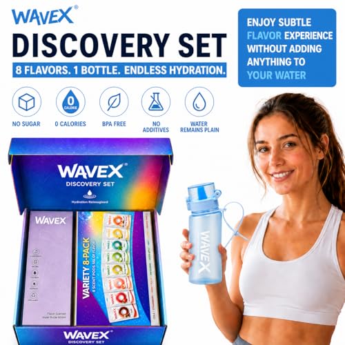 Image of WaveX Scented Water Bottle + 8 Aroma Scent Pods (Cola, Strawberry, Honey Peach, Energy Drink, Green Apple, Mint, Lemon, Orange Vanilla), Flip Top Lid, Straw & Carry Strap Included (Crystal Clear Blue)