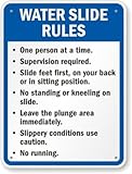 SmartSign 24 x 18 inch “Water Slide Rules - One Person At A Time, Supervision Required, Feet First, No Standing” Metal Sign, 80 mil Laminated Rustproof Aluminum, Blue, Black and White, Made in USA